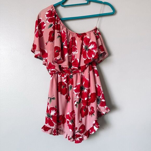 Pink Lily Pink and Red Floral One Sleeve Romper Size Large - Picture 7 of 7